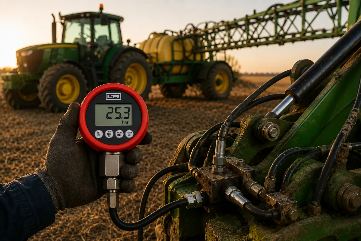 Digital gauge on an implement coupling: sprayer hydraulics test in the field