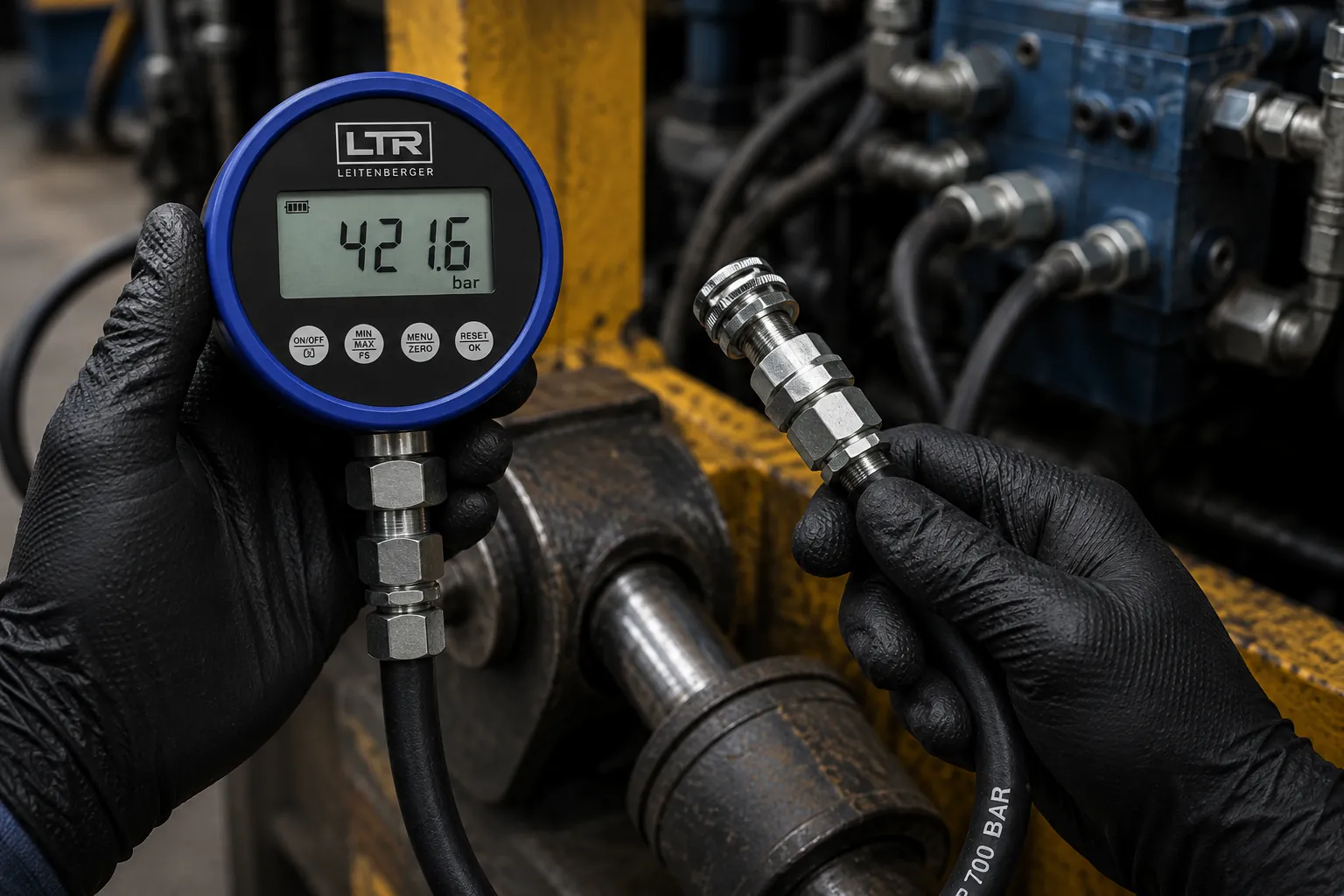 Gauge in one hand, hose coupling in the other: direct connection, no adaptor