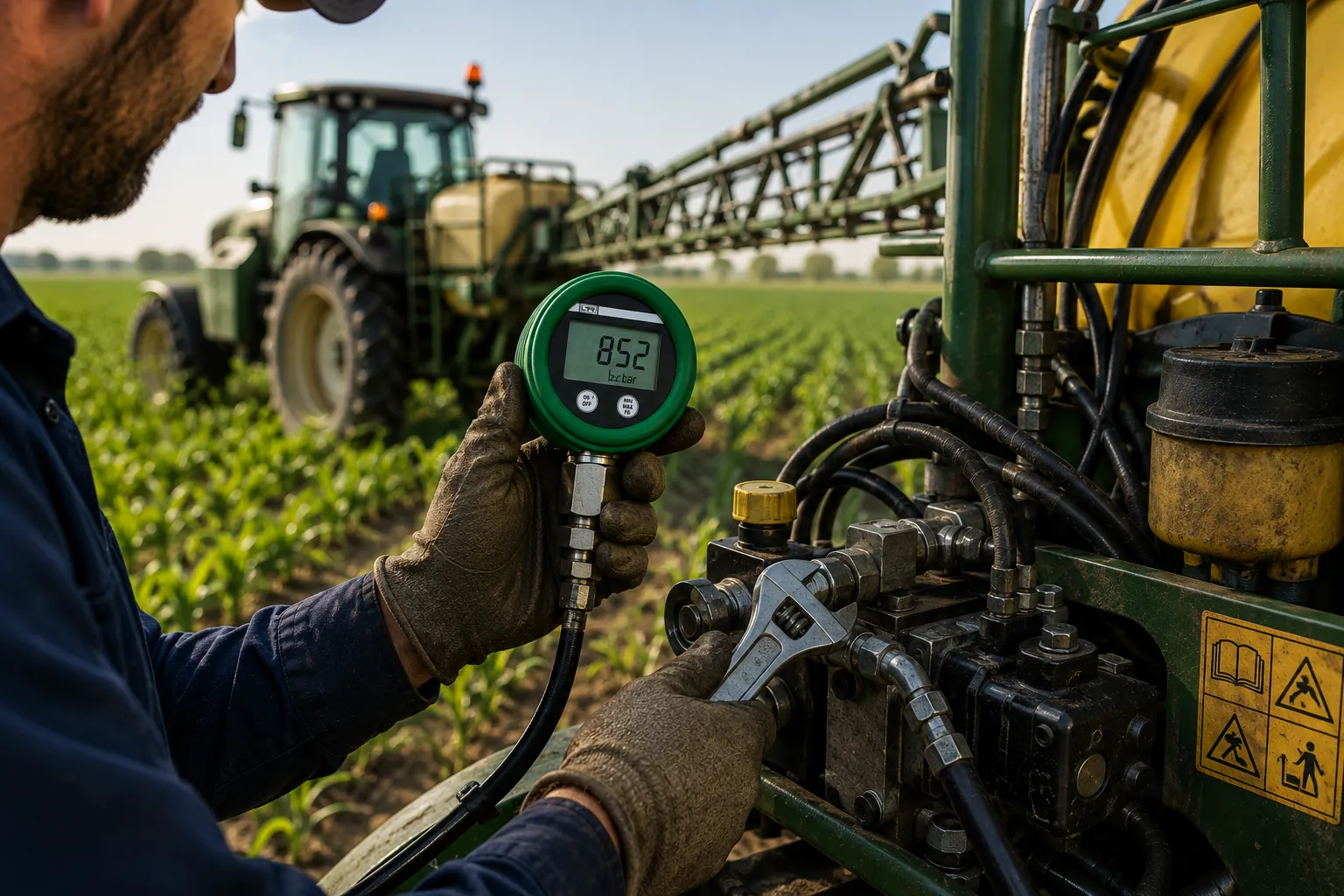 Farm mechanic testing sprayer hydraulics in the field