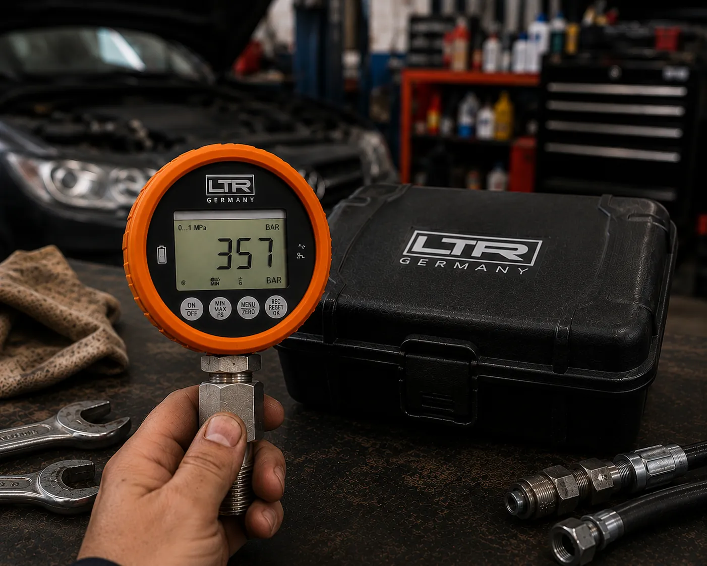 Mechanic holding a digital pressure gauge in an automotive workshop