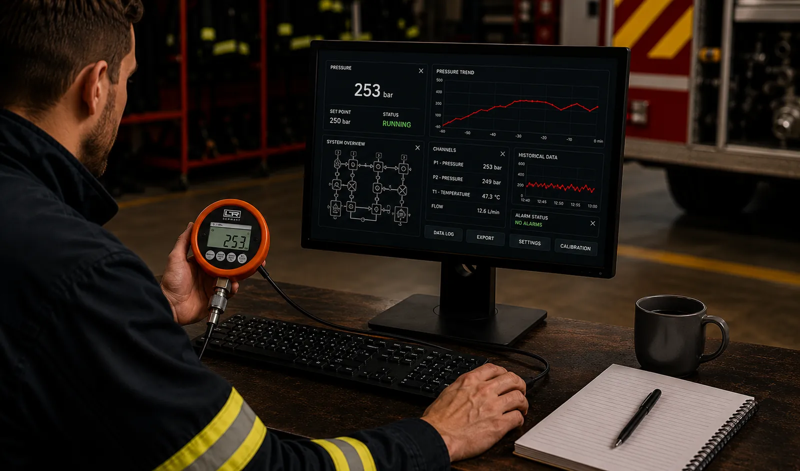 Fire technician reviewing logged pressure data at a fire station