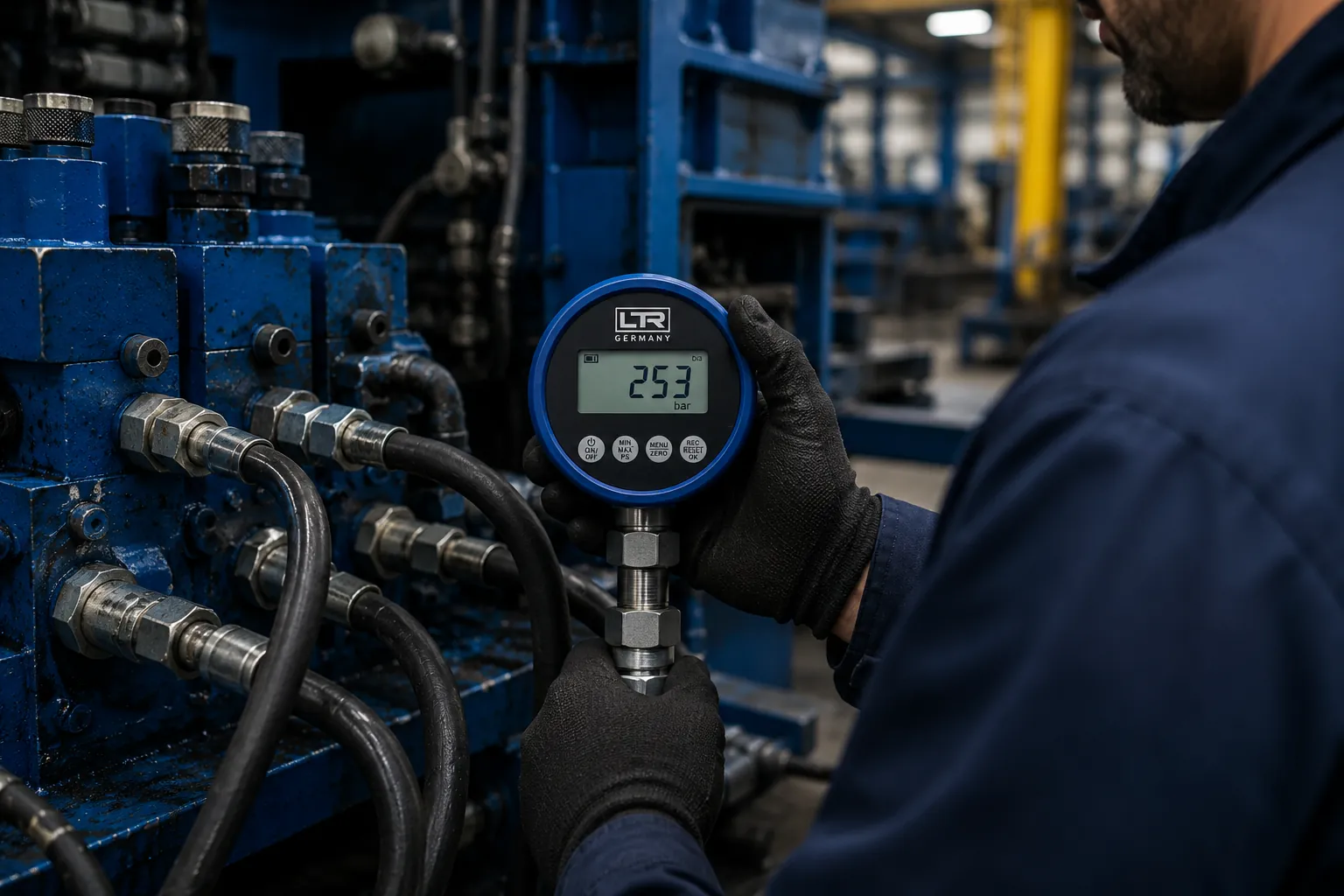 Technician testing tractor hydraulics with a digital gauge