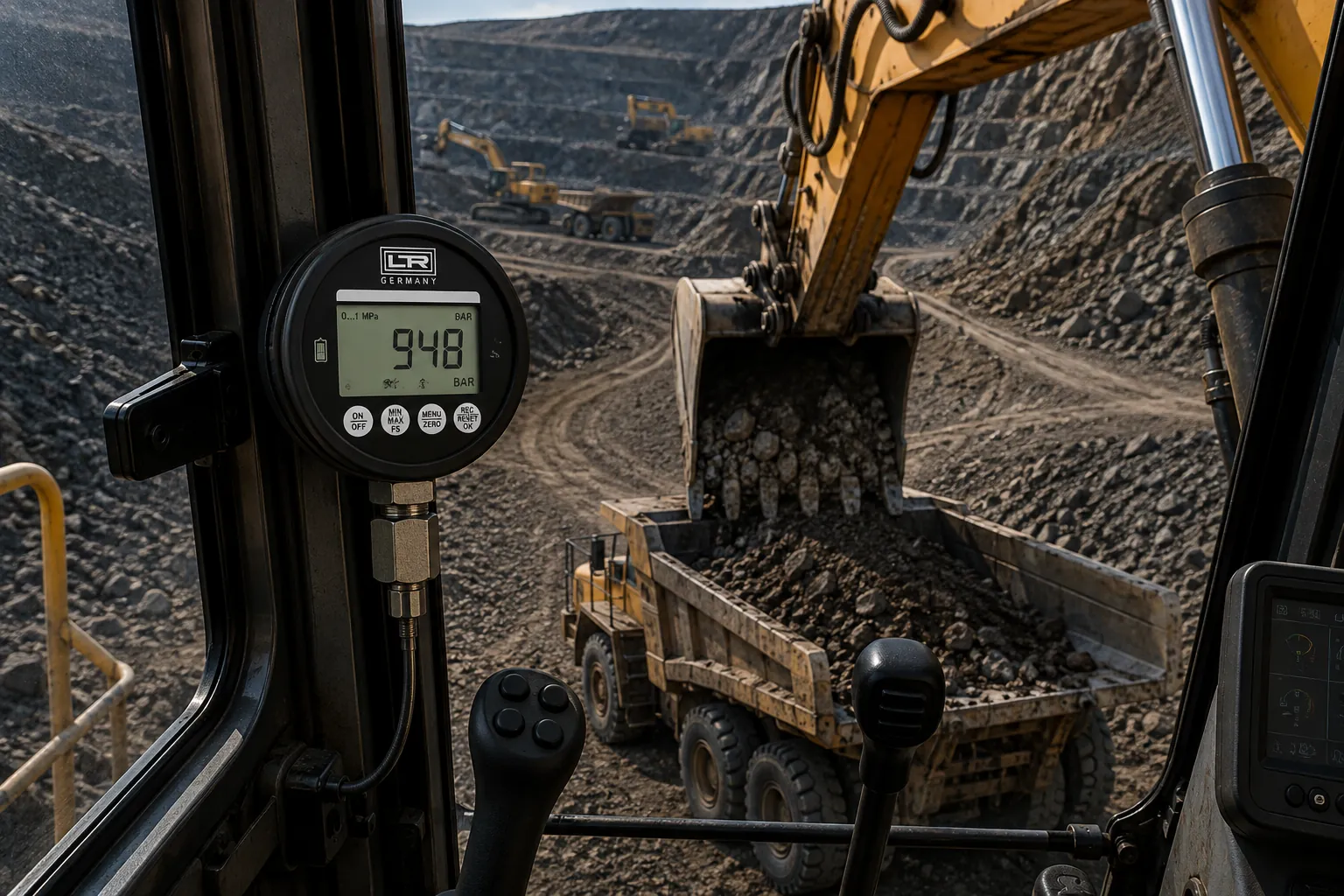 Digital pressure gauge mounted in an excavator cab at a mine site