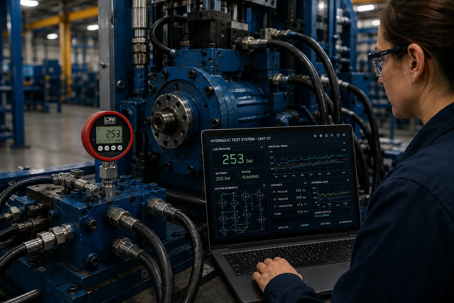 Engineer monitoring a hydraulic test system on a machine build