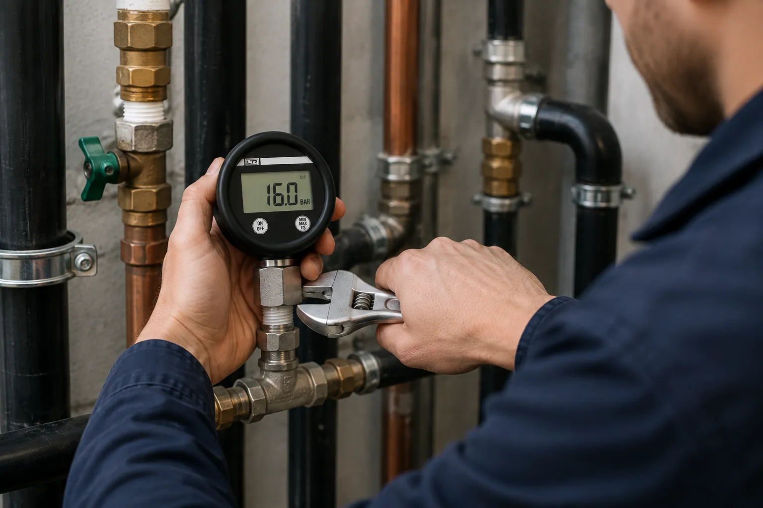 Plumber fitting a digital pressure gauge to pipework
