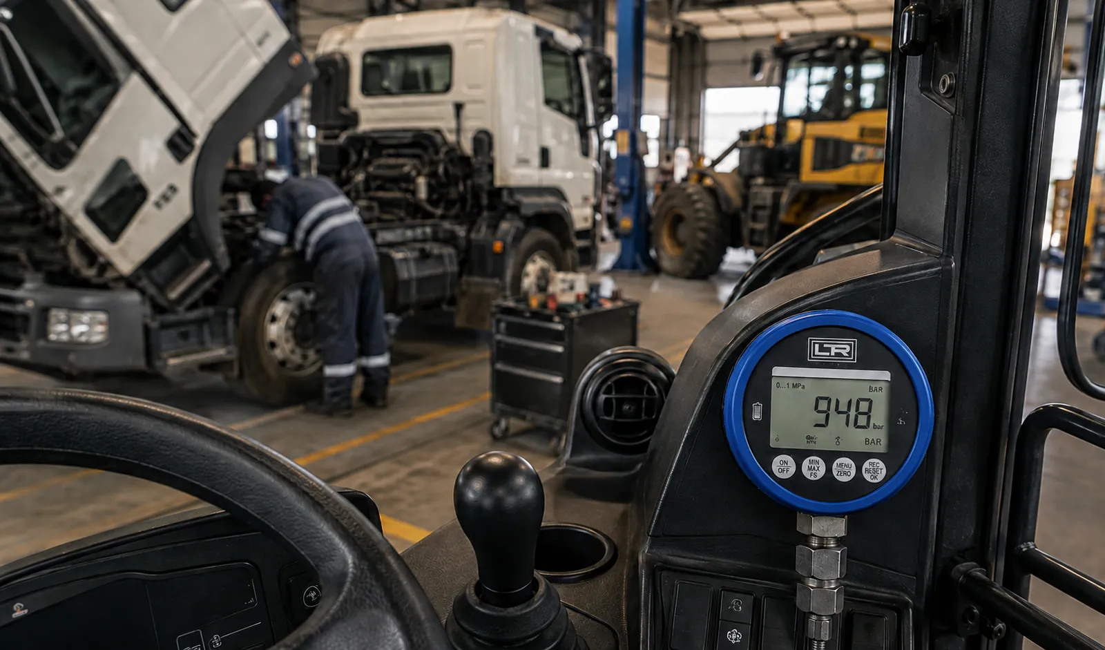 Digital pressure gauge in a truck workshop with heavy equipment