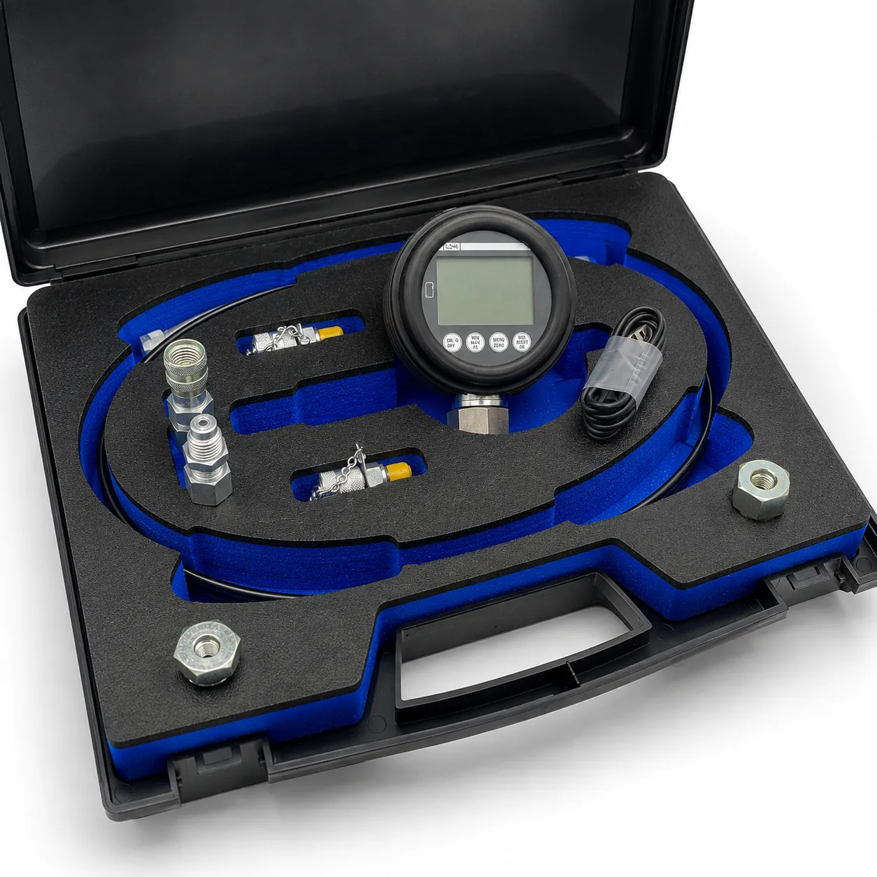 DM80 service kit: gauge, hose, couplings and adaptors in foam-inlay case