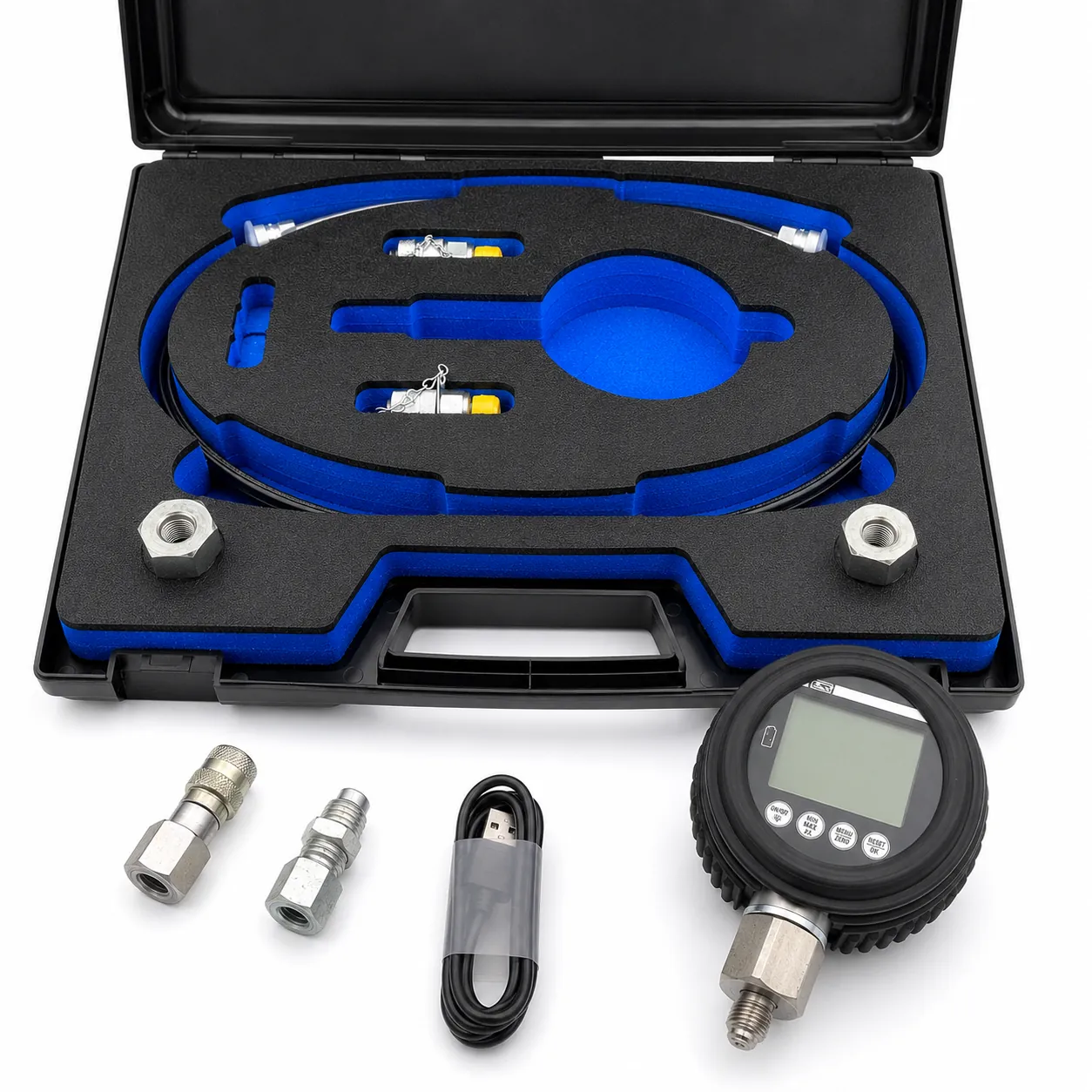 DM80 M service kit: open case with gauge, hose and fittings