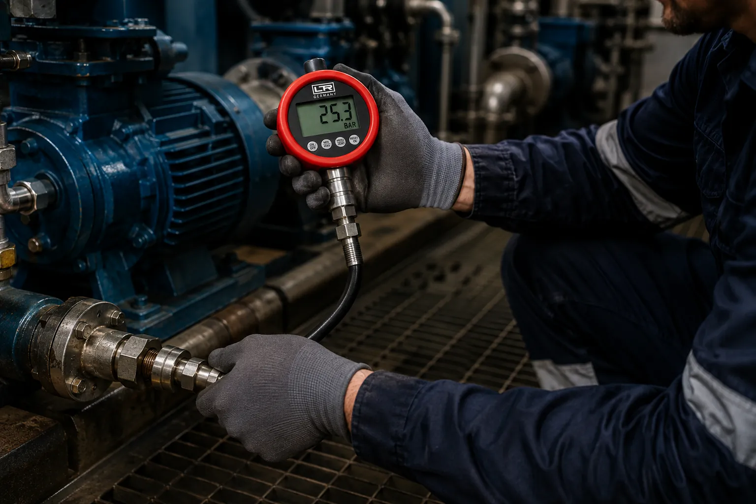 Test point pressure check on a pump set with a digital gauge