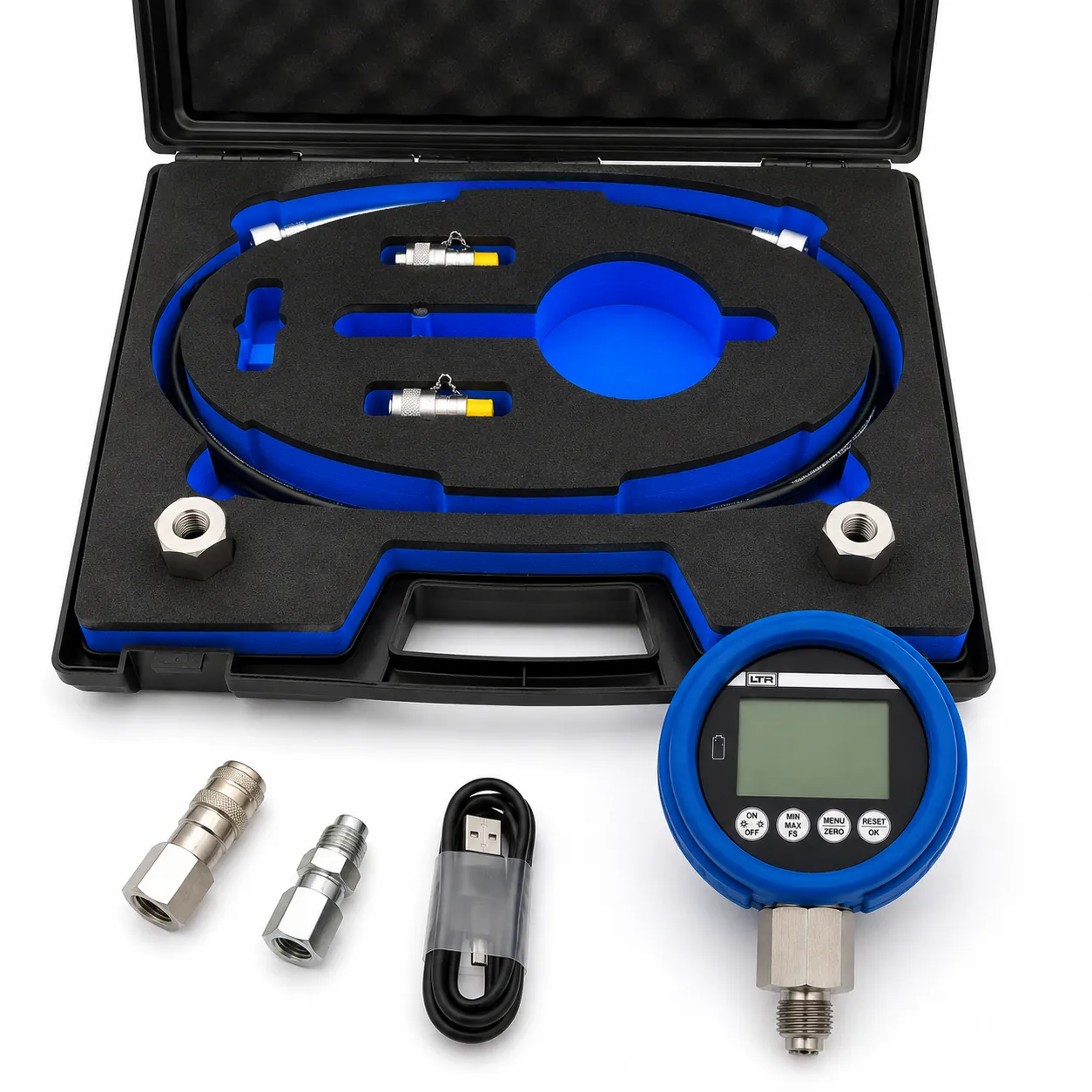 DM80 M UMS service kit: open case with gauge, USB cable, couplings and adaptors