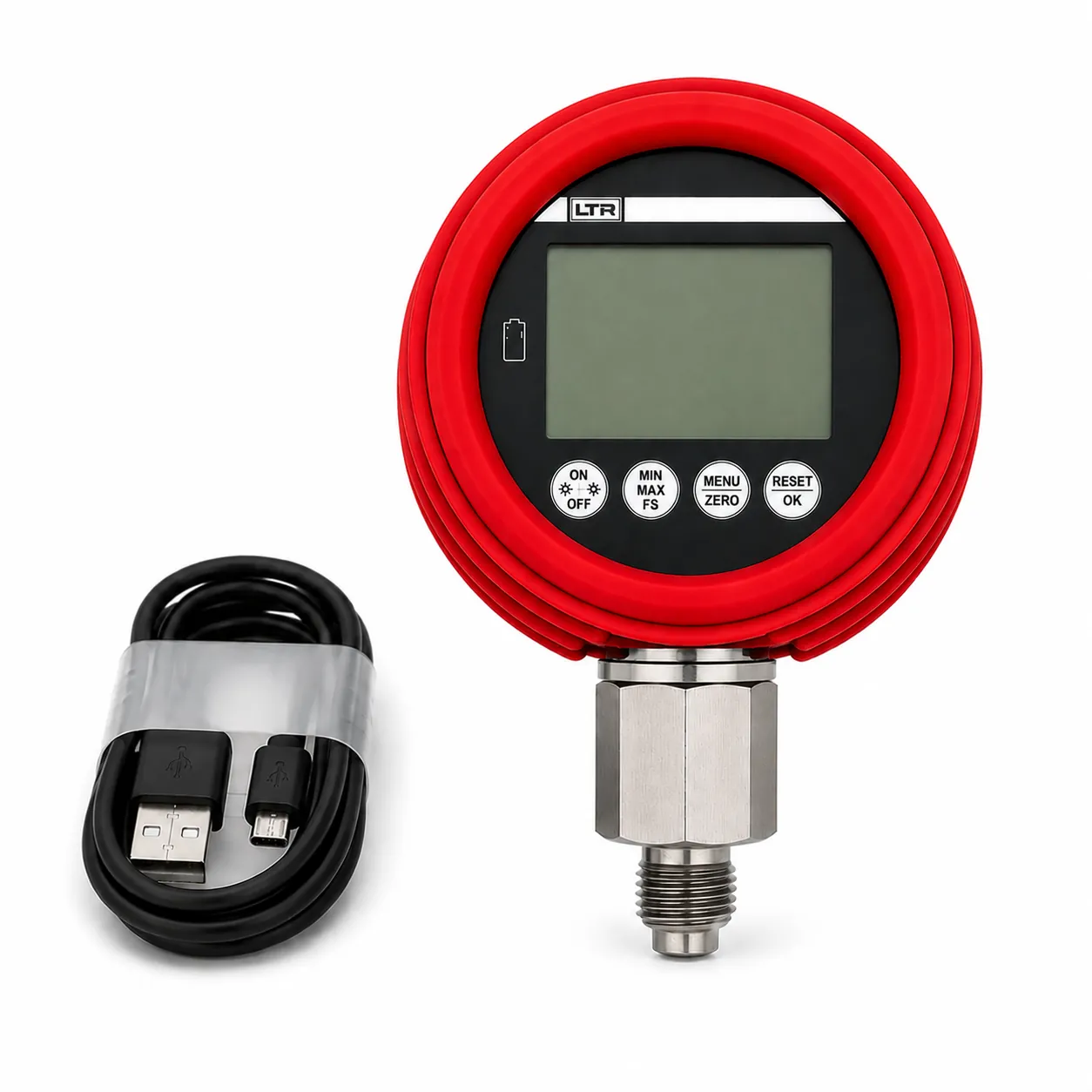 DM80 M UMS: digital pressure gauge with USB data logging, red cap